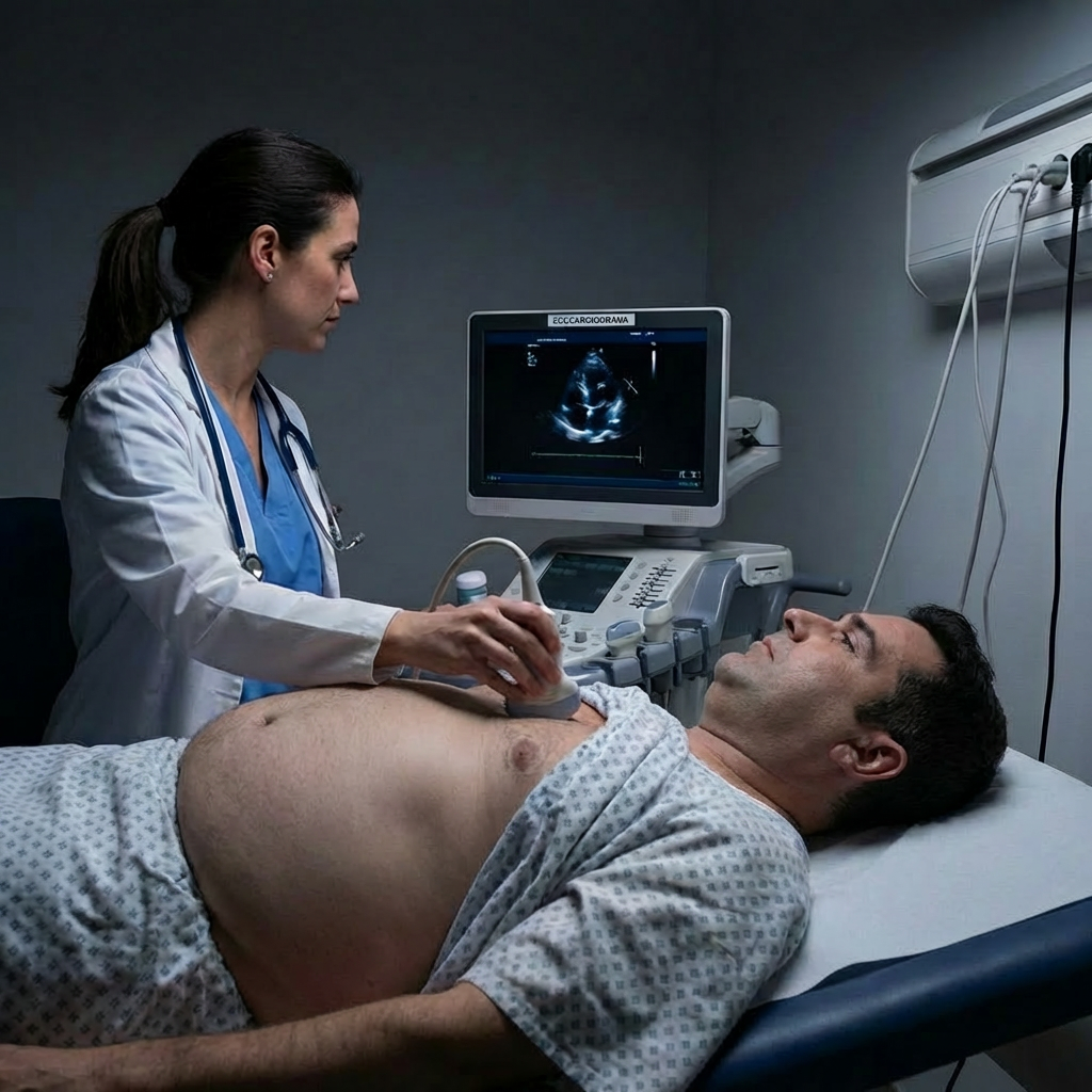 Medical professional performing an echocardiogram procedure A doctor performing an echocardiogram on a patient lying on a medical exam table.