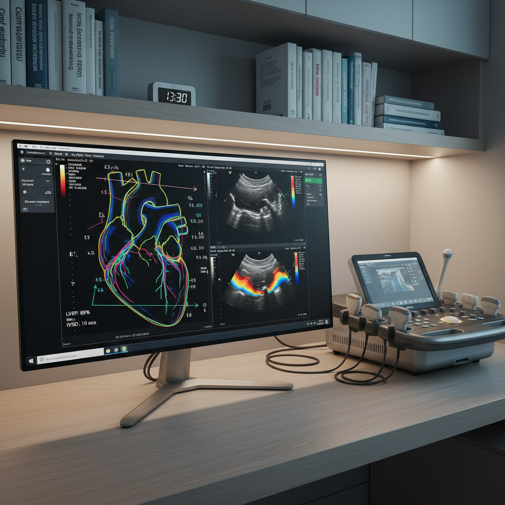A close-up of a high-end cardiology diagnostic workstation featuring a large, ultra-sharp monitor displaying a colorful echocardiogram with precise heart chamber outlines, Doppler flow patterns, and detailed measurement overlays. The monitor sits on a clean, pale wood desk next to a modern, compact ultrasound machine with neatly arranged probes and cables. The surrounding setting includes neutral-toned walls, organized shelves with neatly aligned medical reference binders, and a small digital clock. Lit by soft, cool-toned overhead medical lighting that reduces glare, the scene is captured in photographic realism at a slightly angled perspective, emphasizing clarity and sophistication. The mood is highly professional, technologically advanced, and reassuringly organized, with every surface appearing meticulously clean.