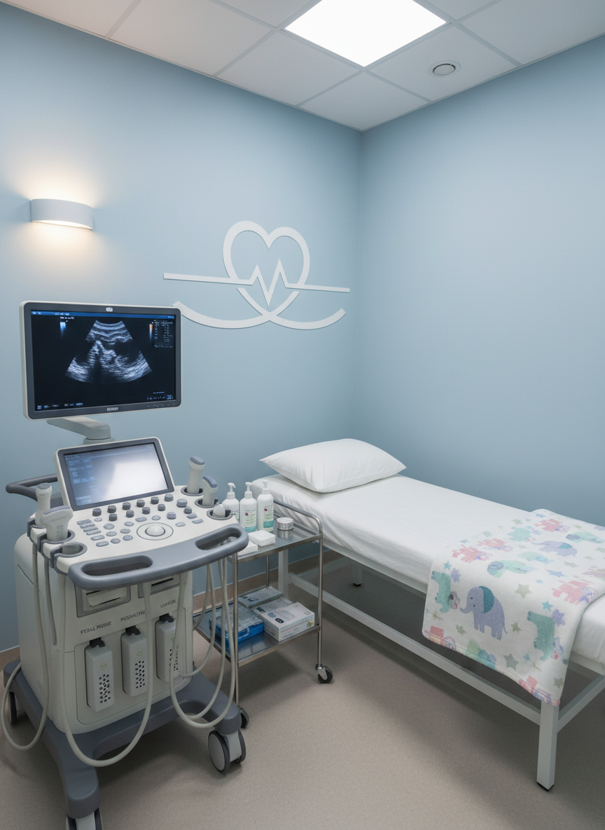 A specialized echocardiography room prepared for fetal and pediatric cardiac exams, showcasing a premium ultrasound system with a large articulating screen, multiple labeled transducers, and a neatly made examination bed with soft, hypoallergenic white linens and child-friendly patterned blanket folded at the foot. Walls are a calming pale blue, decorated only with a subtle abstract heart and wave graphic to avoid visual clutter. Indirect ceiling lighting and a dimmable wall sconce create a gentle, non-intimidating glow, while a small mobile cart holds eco-friendly gel bottles and disposable covers. Photographic realism, shot from a corner at a slightly elevated angle to show the entire layout, conveying comfort, safety, and meticulous pediatric-focused care.