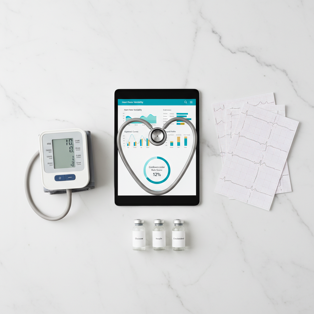 An elegant flat-lay of cardiometabolic diagnostics on a pristine white marble surface, with a polished stethoscope forming a heart shape around a slim digital tablet. The tablet displays a sophisticated dashboard of heart rate variability, glycemic curves, lipid profile bars, and cardiovascular risk scores in refined blue, teal, and gold tones. Nearby, neatly arranged ECG printouts, a compact blood pressure monitor, and discreet vials labeled for metabolic markers create a sense of rigorous science. Soft overhead studio lighting produces subtle gradients and almost shadowless clarity, emphasizing cleanliness and precision. Photographic realism, top-down composition with sharp focus throughout, evokes a calm, trustworthy, evidence-based environment for a cardiometabolic clinic website hero image.