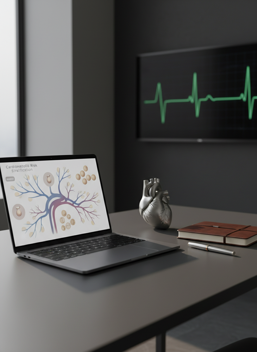 A close-up of a sleek, dark graphite desktop in a premium medical office, featuring an open laptop displaying a detailed cardiometabolic risk stratification chart with arteries, fat cells, and glucose molecules rendered in elegant, muted colors. Beside it, a leather-bound notebook, a fine metal pen, and a minimalistic anatomical heart sculpture in brushed silver rest carefully aligned. In the background, slightly out of focus, a wall-mounted digital ECG screen shows a stable rhythm trace. Side lighting from a tall window casts soft, directional light, creating gentle shadows and a sophisticated, contemplative mood. Photographic realism, three-quarter angle composition, highlights the clinic’s focus on scientific rigor, prevention, and strategic cardiometabolic treatment planning.